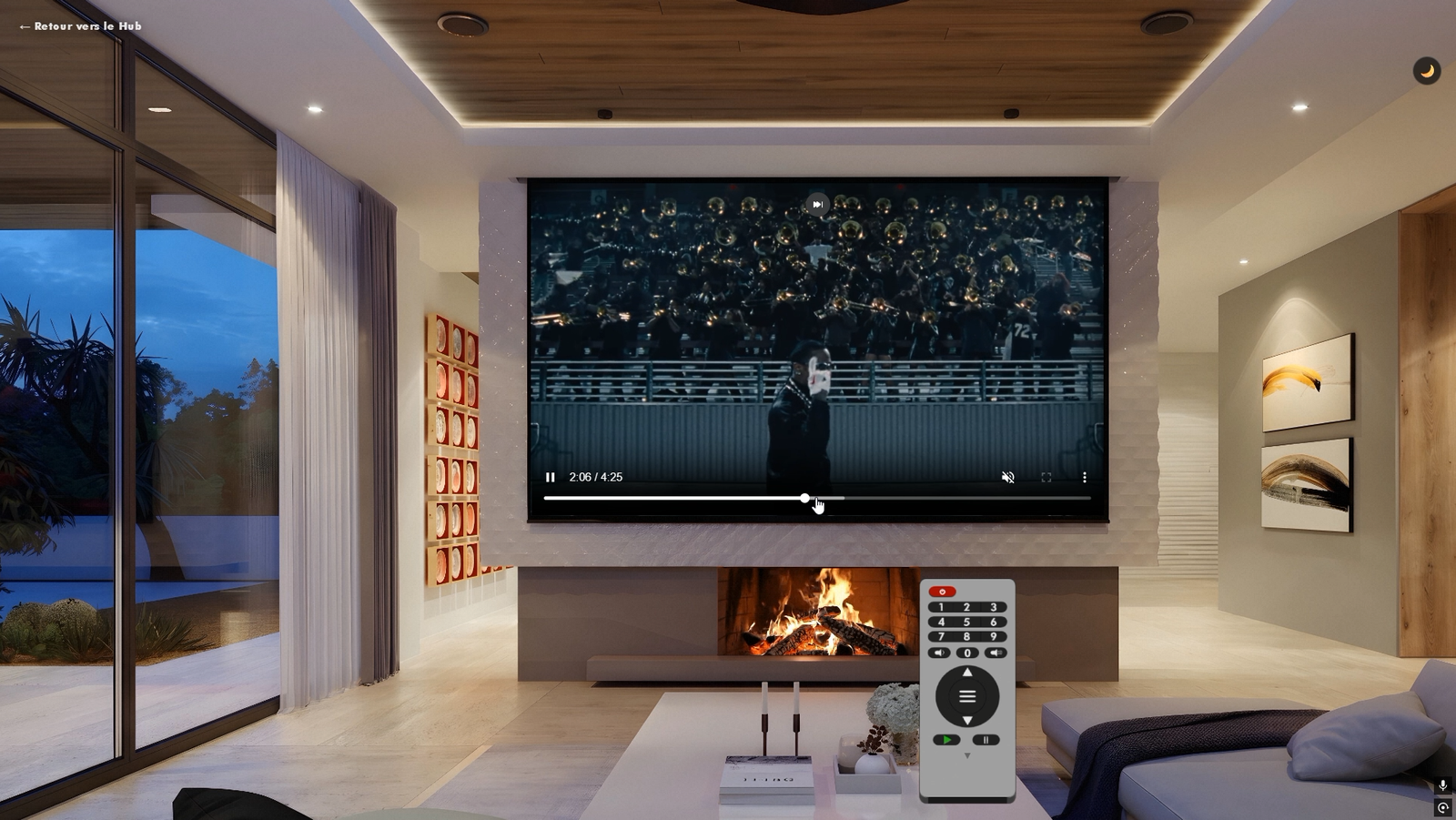 Salle de visionnage 3D interactive avec télécommande virtuelle